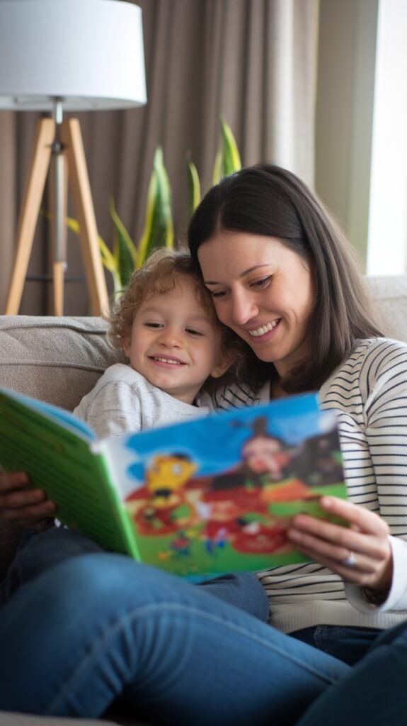 A smiling mother and her young child cuddle on a sofa, sharing a colorful picture book together. The child leans happily against her, both looking at the pages with joy. A soft lamp and green plants in the background add to the cozy, warm atmosphere.
