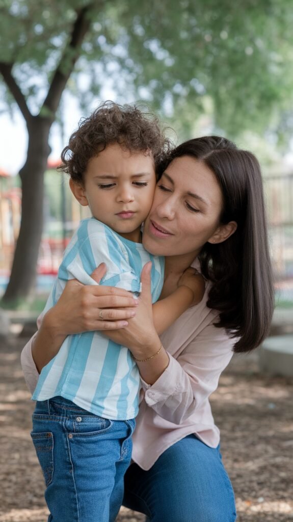 A mother gently hugs her young child outdoors. The child looks upset, while the mother leans in with a calm, reassuring expression, modeling empathy and emotional support.