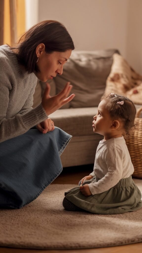 A mother kneels on the floor facing her toddler daughter, speaking gently and using hand gestures. The little girl sits attentively on a rug, looking up at her mother with focus, creating a warm moment of teaching and connection.