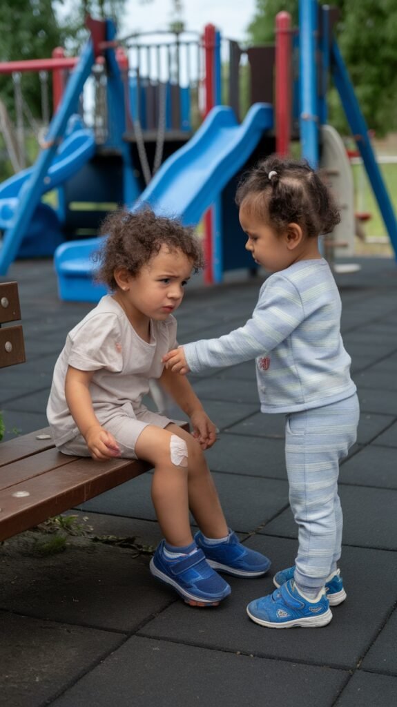 Two young children at a playground. One child sits on a bench with a bandage on their knee, looking upset, while the other gently reaches out to comfort them. A slide and climbing structure are visible in the background.