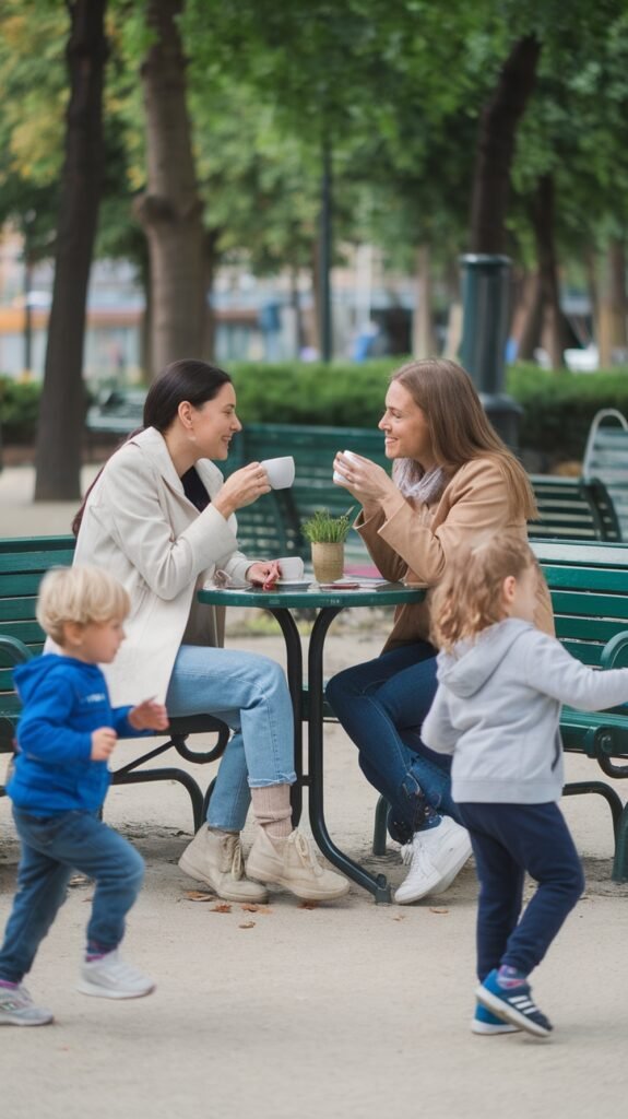 Two mothers sit at an outdoor café table, smiling and talking over coffee while their young children play and run around nearby.