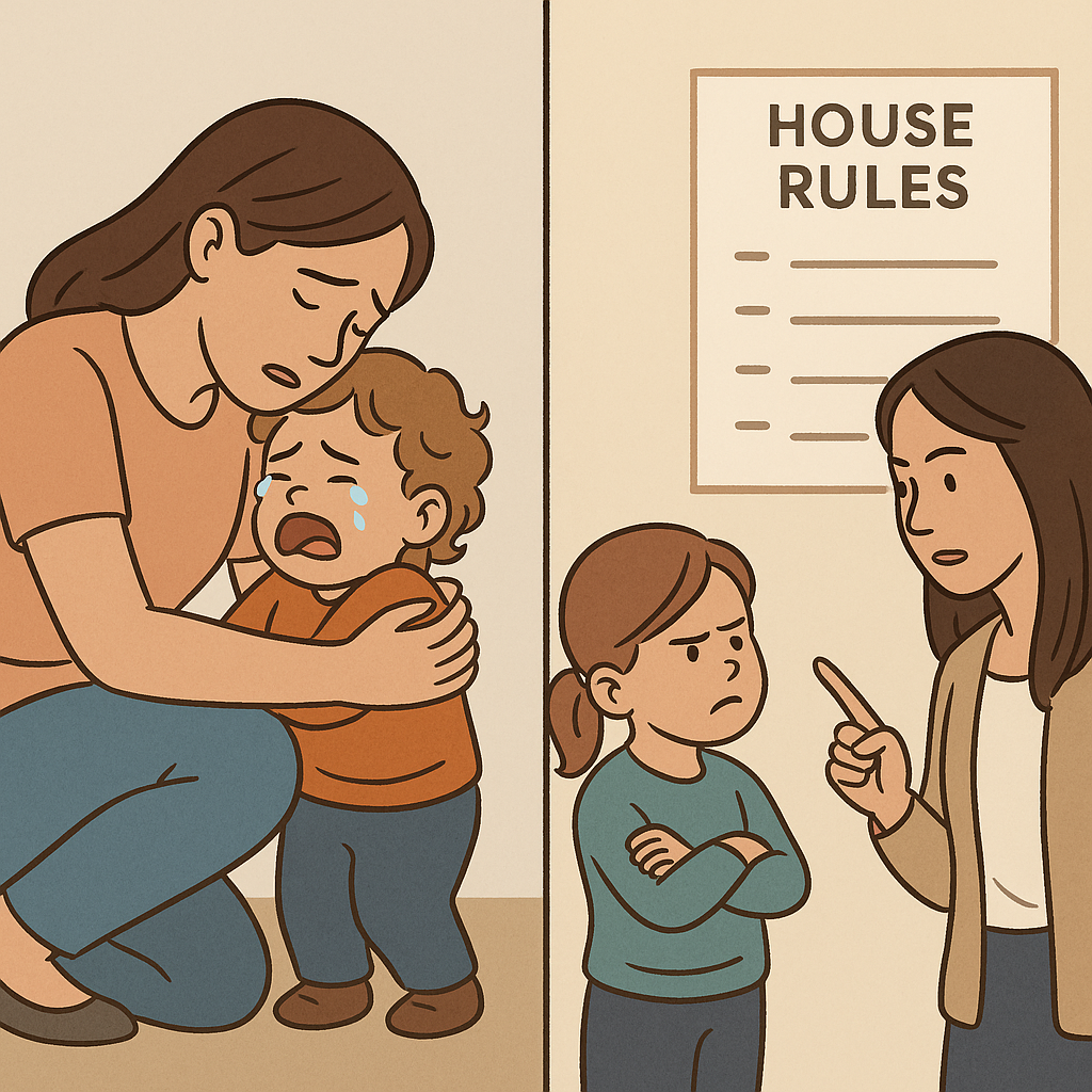 Split-scene illustration: on the left, a mother hugs and comforts her crying child; on the right, another mother points to a house rules chart while calmly addressing her pouting child. The contrast shows gentle parenting versus authoritative parenting approaches.