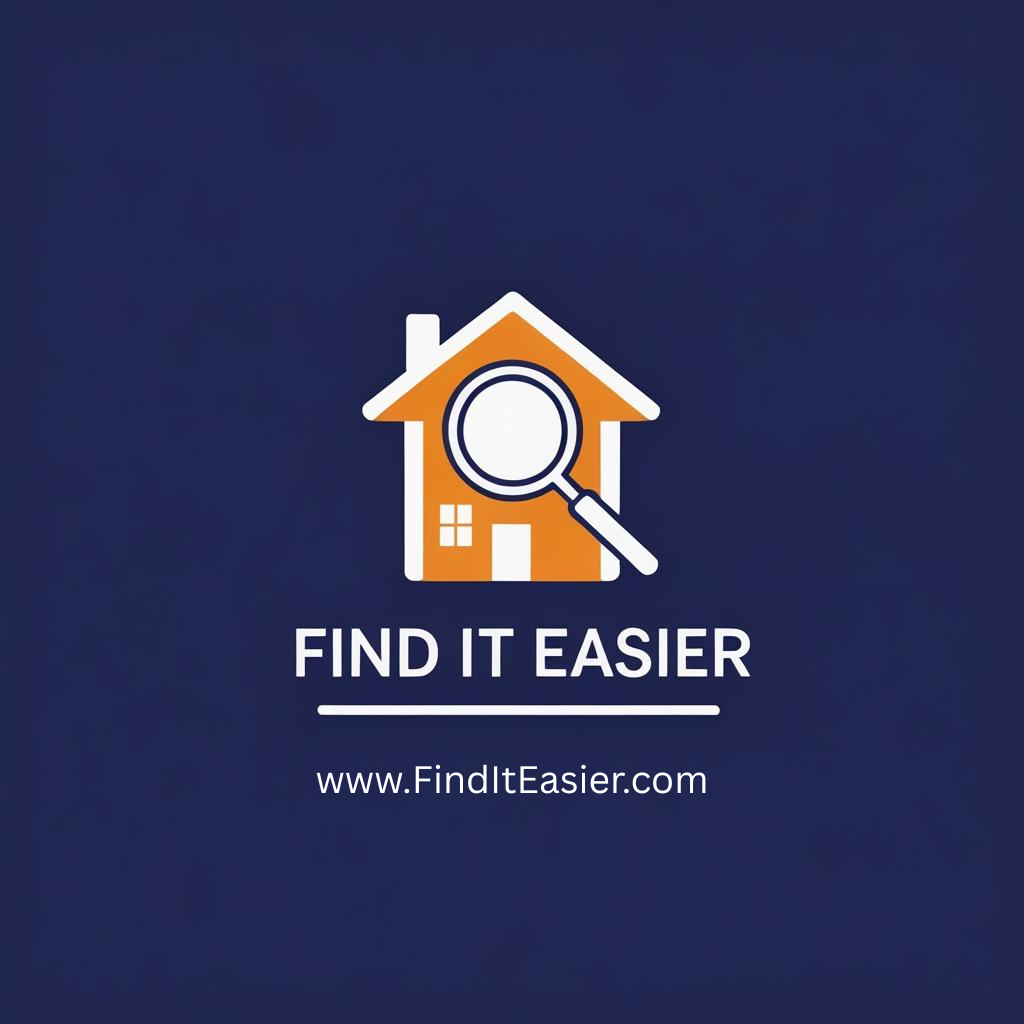 Find It Easier logo featuring an orange house icon with a white magnifying glass in the center, symbolizing home organization and smart searching, set against a dark blue background. The text below reads “Find It Easier” with the website URL “www.FindItEasier.com.”