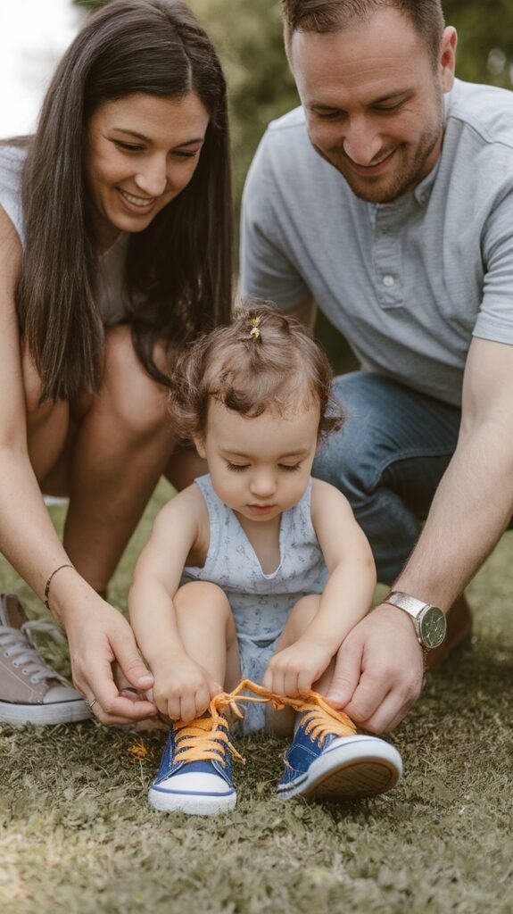 Smiling parents help their young child learn to tie shoelaces, guiding gently while encouraging independence outdoors on the grass.