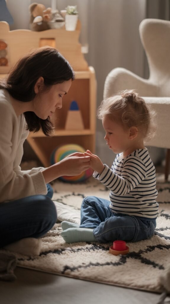 A mother sits on the floor gently holding her toddler’s hands, creating a calm, supportive moment during playtime at home.

