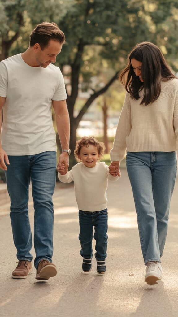 A smiling mother and father walk outdoors holding hands with their young child between them. The family wears light sweaters and jeans, enjoying a sunny day together, symbolizing connection, balance, and warmth in family life.