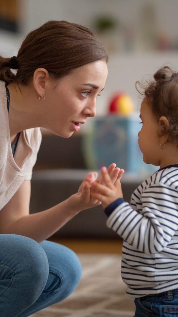 A young mother kneels and speaks gently to her toddler, making eye contact and holding the child’s hands while teaching calmly.