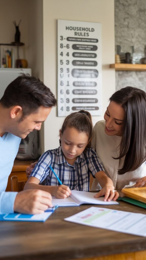 Parents sit with their child at a kitchen table, helping with homework. A household rules chart is visible in the background, symbolizing structure and guidance.