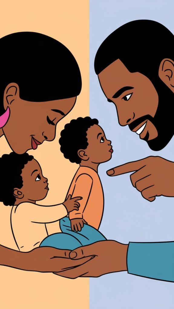 Split-scene illustration of parenting styles: on the left, a mother comforts and nurtures her child; on the right, a father calmly points while guiding his child with structure. The contrast highlights gentle parenting versus authoritative parenting.